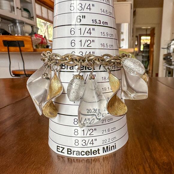 Coro 1960s Charm Bracelet Lucite Moon Rock Textured Gold Plate Double Link - Picture 6 of 12